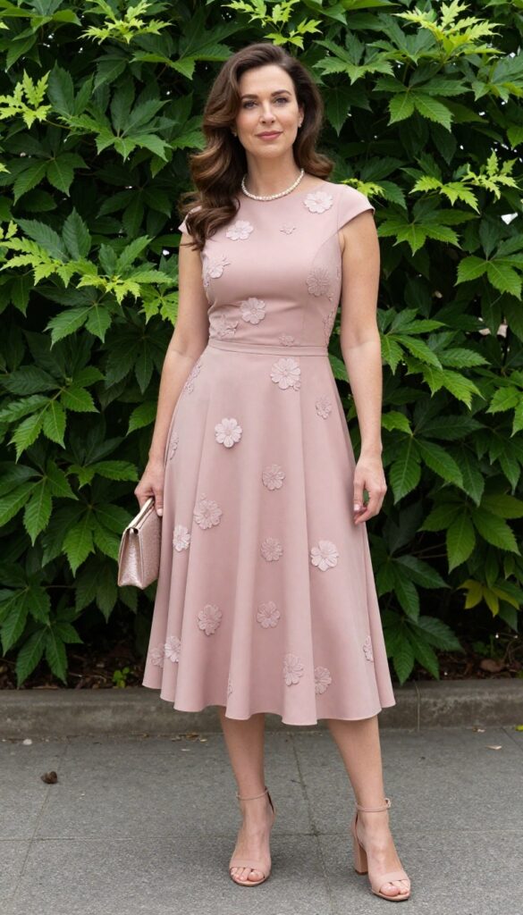 Mother of the bride in dusty rose fit-and-flare dress with floral appliqués, standing in a garden with sage green foliage, holding a clutch, natural daylight.