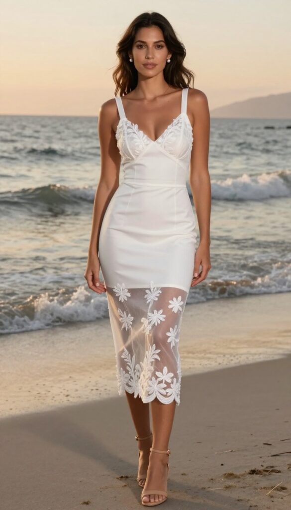 Woman in white sheath dress with embroidered floral overlay on beach at sunset