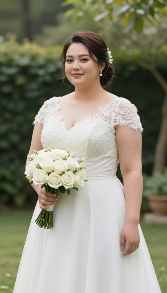 Plus-size woman in white wedding dress with illusion three-quarter sleeves and lace, standing in sunlit garden