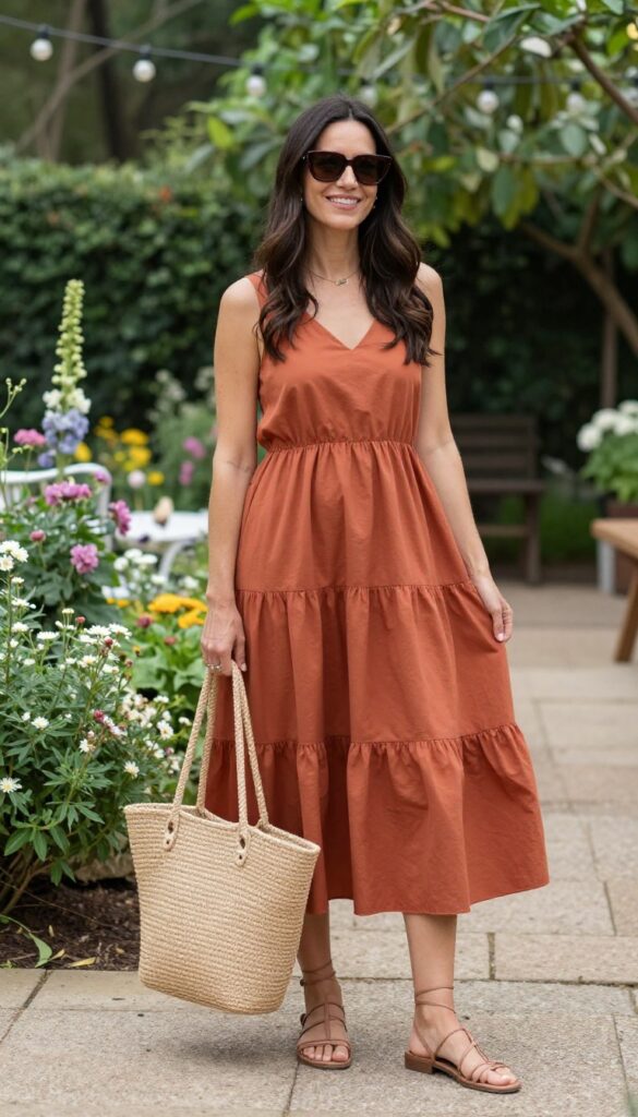 Woman in terracotta tiered midi dress with raffia bag and sunglasses in garden