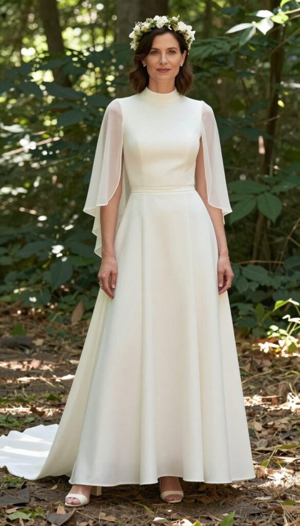 Woman in late 20s wearing high-neck A-line wedding dress with sheer cape sleeves, standing in sunlit forest clearing, block heels and flower crown, natural pose with soft smile.