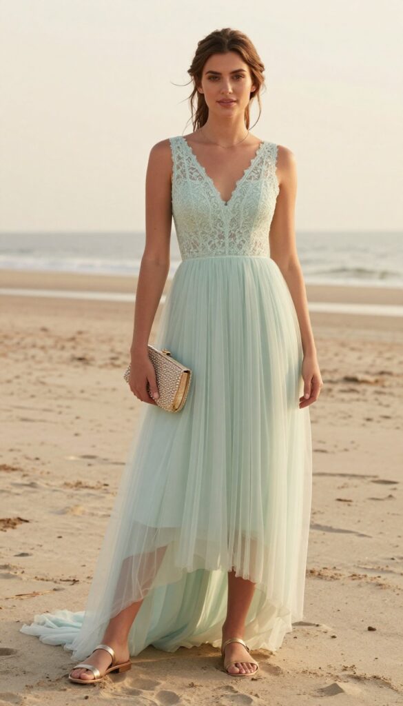Woman in high-low tulle wedding dress on beach at sunset
