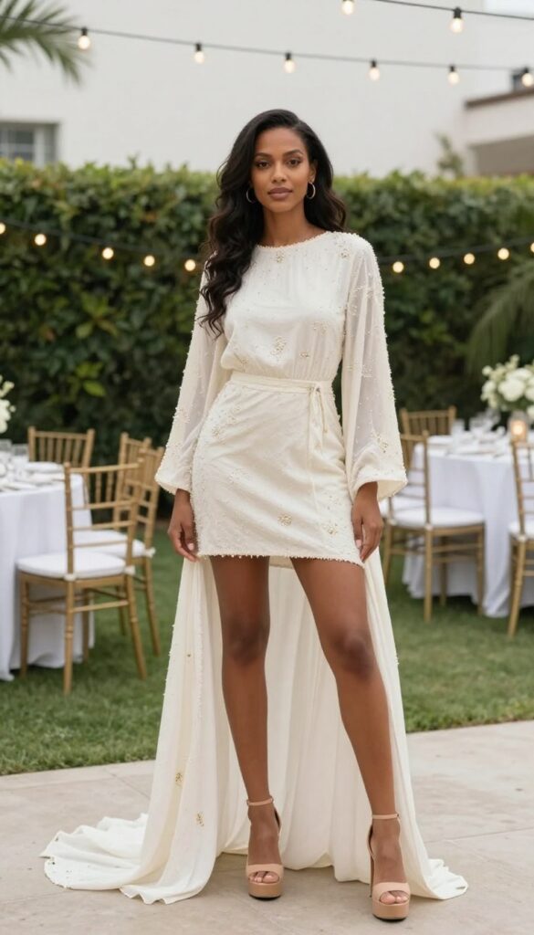 Black woman in embellished boho mini dress with long train at garden wedding reception