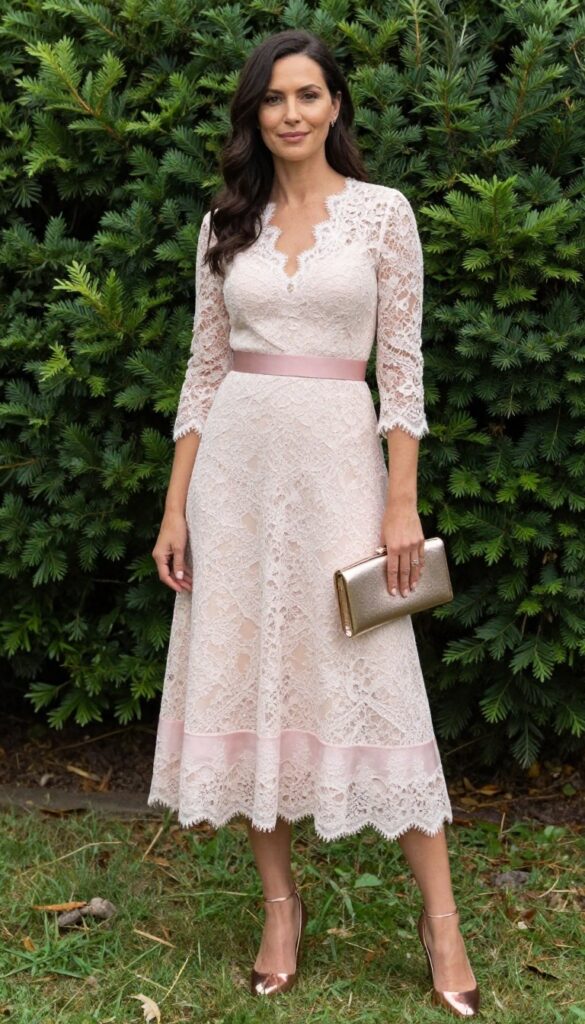 Bride in lace wedding dress with blush pink accents, rose gold metallic heels, and metallic clutch in garden.