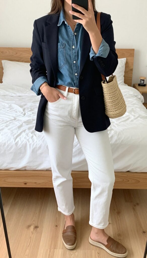 Woman in dark blazer, light denim shirt, white jeans, and espadrilles, taking a mirror selfie in bedroom