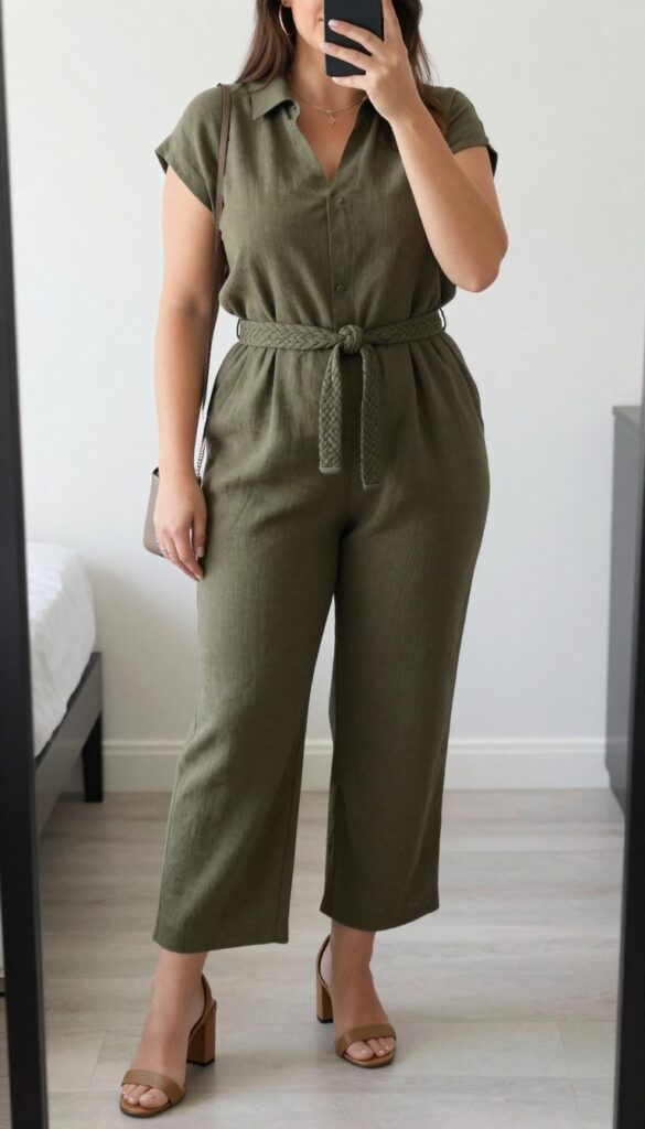 A woman wearing a neutral jumpsuit with a belt and heeled mules, standing in a bright office setting.
