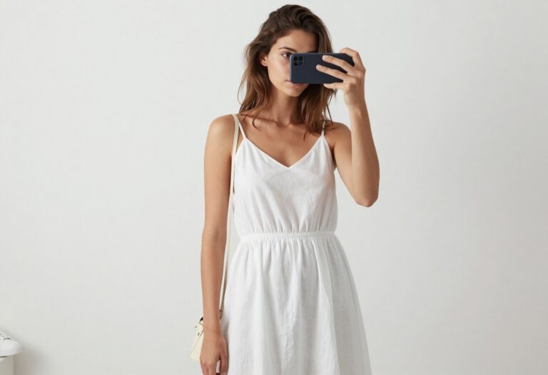 A woman takes a mirror selfie wearing a white sundress and sneakers, showcasing a casual summer outfit.