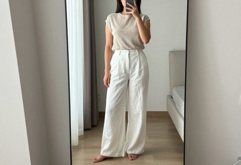 Woman in white linen pants and knit top taking a mirror selfie in a bright bedroom
