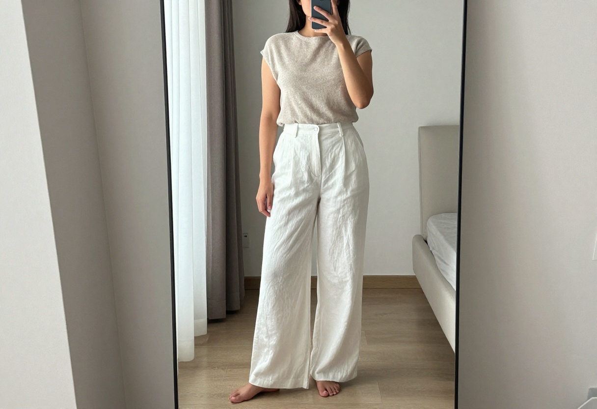 Woman in white linen pants and knit top taking a mirror selfie in a bright bedroom