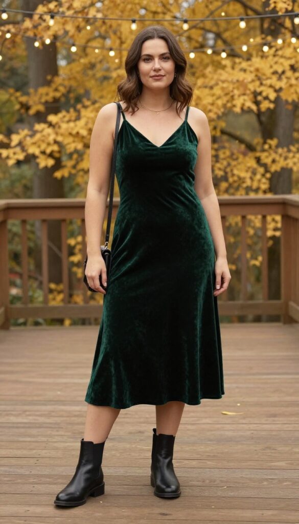 Young woman in deep green velvet slip dress and black Chelsea boots standing on wooden deck at fall wedding, golden leaves and string lights background, natural lighting, soft smile, full-body shot.