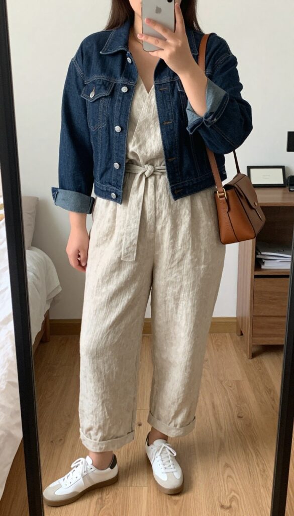 Woman in linen jumpsuit with cropped denim jacket and white sneakers, posing in mirror selfie.