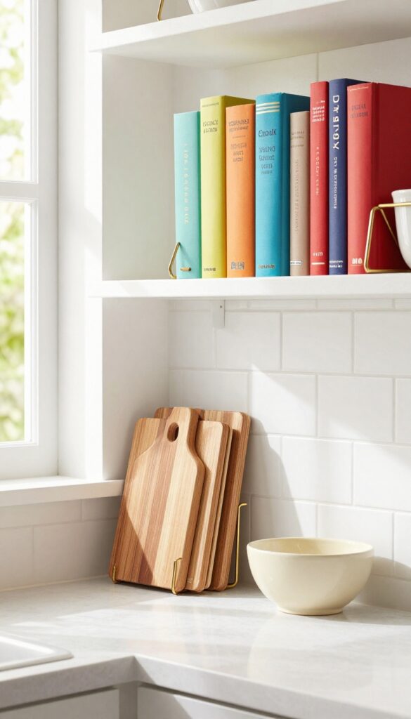 Open kitchen shelf with cookbooks and cutting boards divided by decorative brass and ceramic bookends