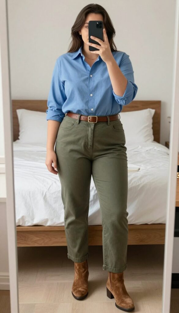 A woman in a dusty blue button-down shirt and olive trousers, with a brown belt and suede ankle boots, standing in a bright coffee shop.