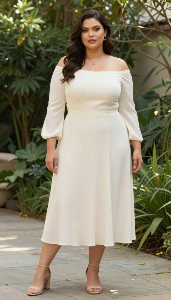 Plus-size woman in off-shoulder wedding dress with sleeves in sunlit garden