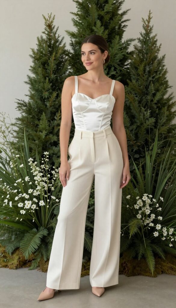 Woman in white satin corset and high-waisted ivory trousers at reception