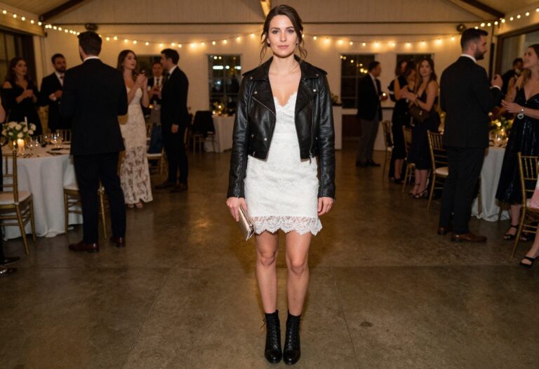 Woman in wedding dress with leather jacket and ankle boots at reception