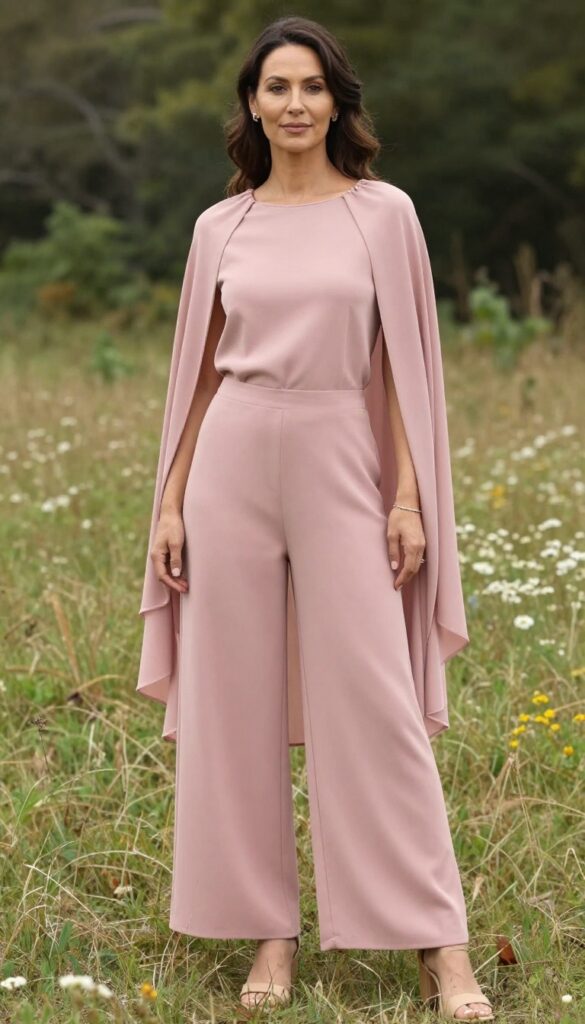 A woman in a pastel pink jumpsuit and cape veil standing in a grassy field with wildflowers, wearing block heel sandals and minimal jewelry.