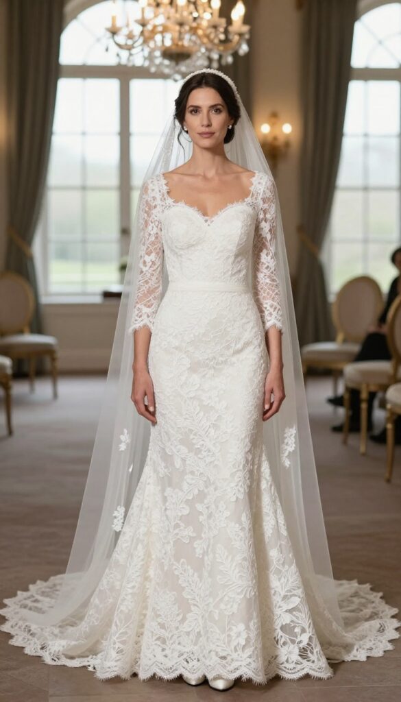 Woman in lace A-line wedding dress with cathedral veil in grand ballroom