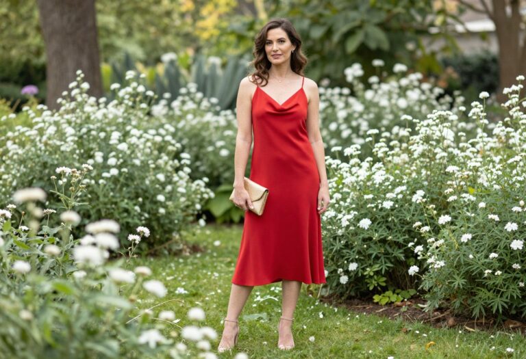Woman in red slip dress with nude heels and gold clutch in garden setting