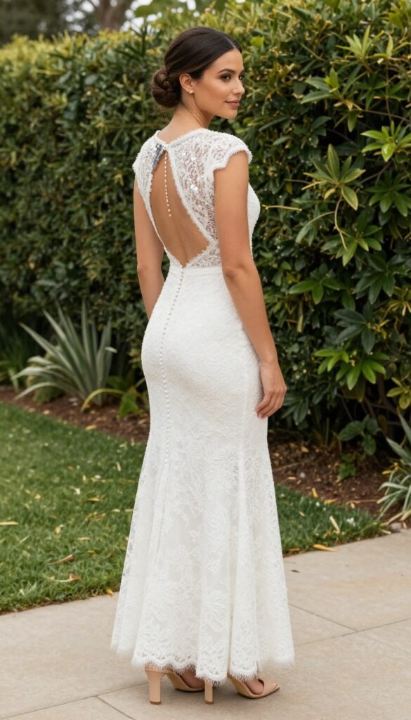 Woman in backless white lace wedding dress with sequin back necklace and low bun, standing in garden at golden hour, looking over shoulder.