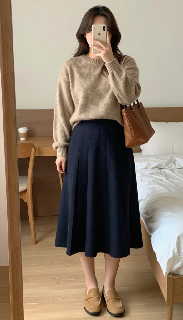 Woman in cashmere sweater and pleated midi skirt, holding a leather tote, standing in a campus setting