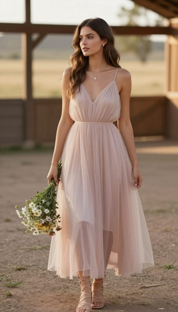 Woman in blush tulle high-low dress with lace-up sandals at desert barn wedding