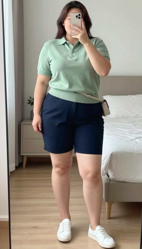 Woman in sage green knit polo and navy tailored Bermuda shorts with loafers and belt bag