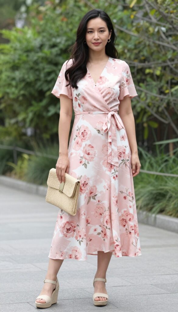 Woman in floral wrap dress and espadrille wedges in garden