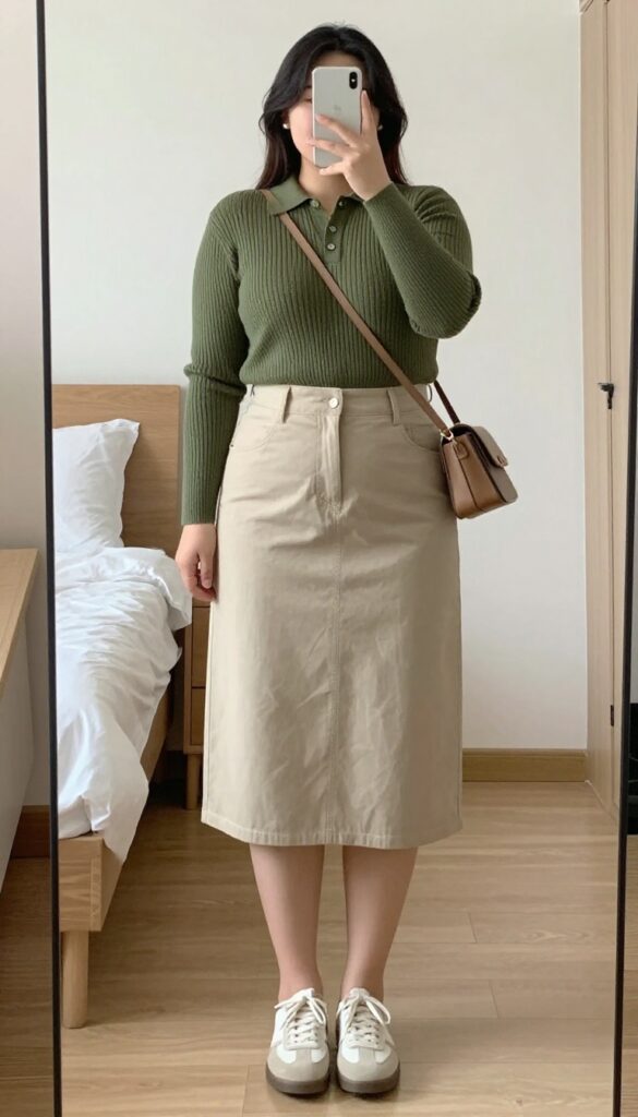 Knit polo tucked into chino skirt, modern preppy outfit