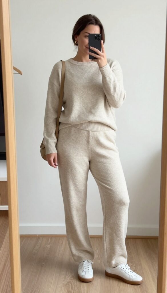 Plus-size mom in a beige knit set taking a mirror selfie, wearing white sneakers and a crossbody bag, with a low bun and minimal jewelry.