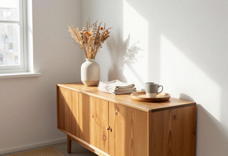Elegant kitchen sideboard styled with dried flowers, linen napkins, and a coffee cup in a bright, cozy kitchen.