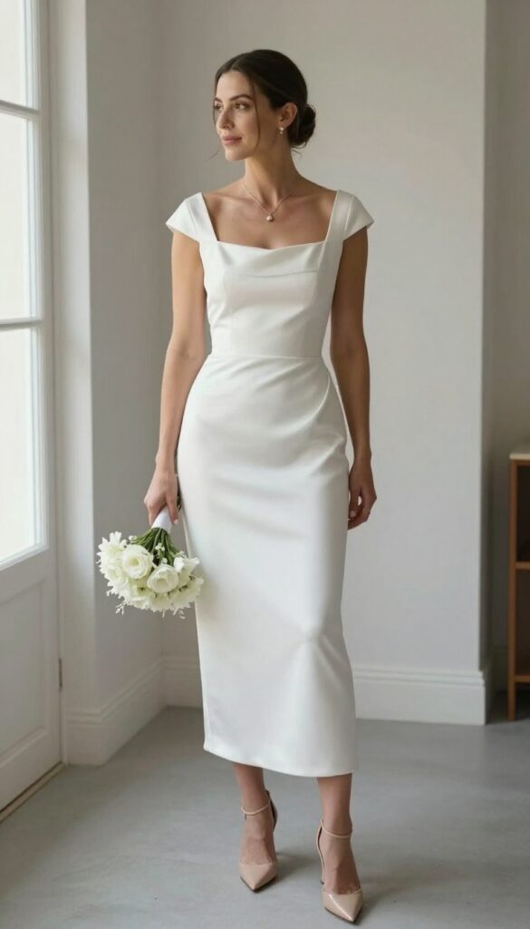 A young adult woman in a white satin sheath wedding dress with cap sleeves, standing in a bright room, wearing strappy nude heels and a pendant necklace, holding a small white bouquet.