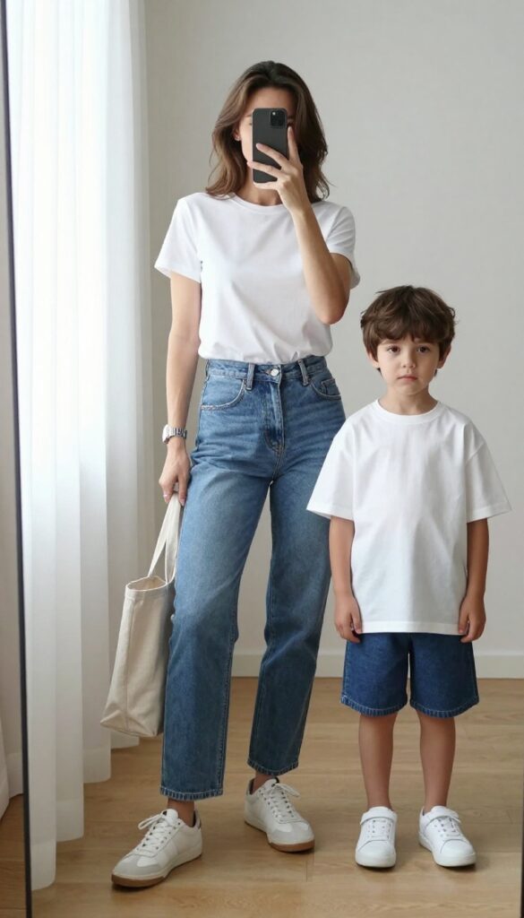 Mom and son in matching white tees and blue denim, taking a mirror selfie in a bright room.