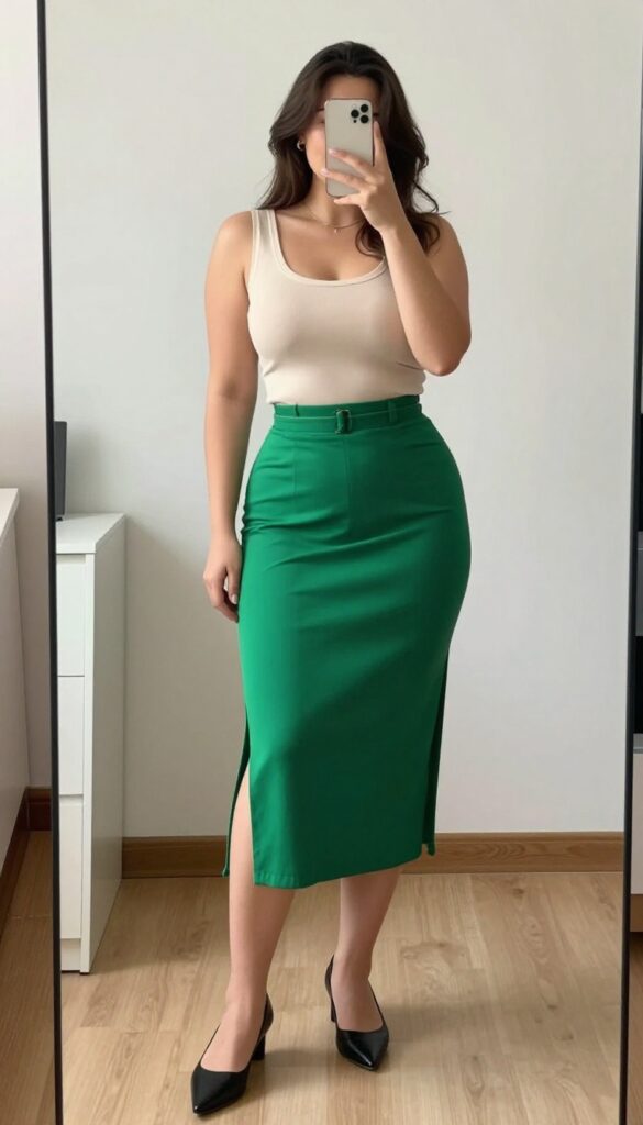 Curvy young professional wearing a high-waisted midi skirt with a slit and a fitted knit top, accessorized with a thin belt and pointed-toe flats.