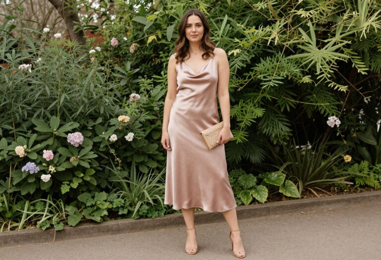 Woman in blush pink satin slip dress with nude heels and clutch in garden
