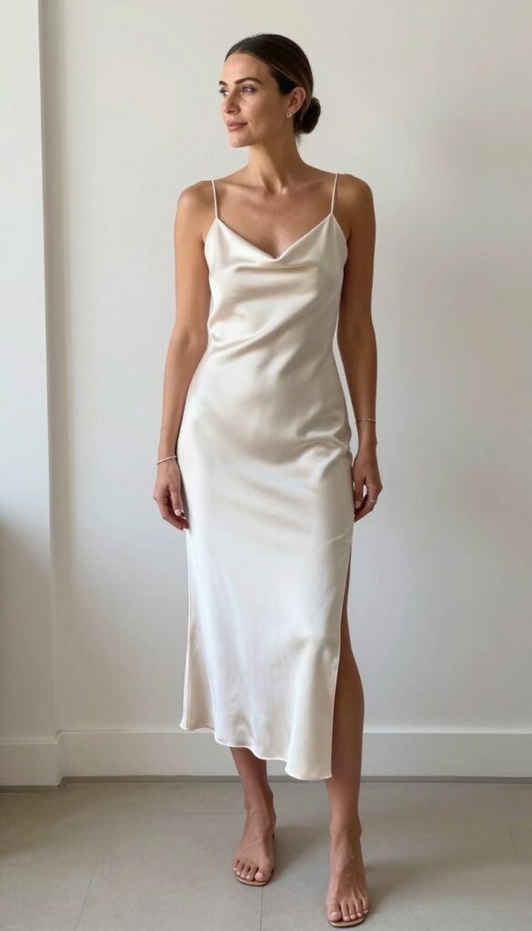 Woman in champagne slip dress with cowl neck and side slit, sleek low bun, simple bracelet, standing in sunlit modern room.