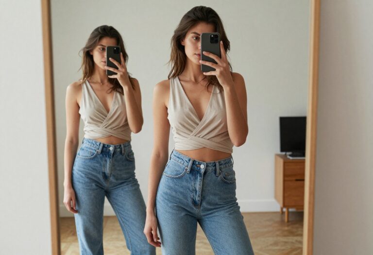 Nursing mom outfit idea: wrap top with high-waisted jeans, mirror selfie, casual and stylish.