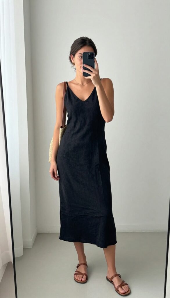 Woman in black linen midi dress and flat sandals taking a mirror selfie, with a woven crossbody bag and gold jewelry.