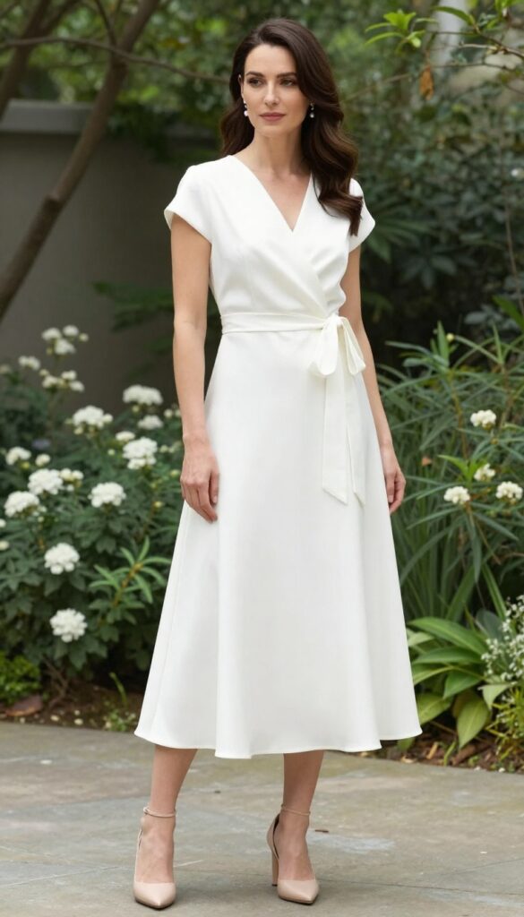 Bride in white convertible wrap dress with detachable A-line skirt adjusting side tie in garden