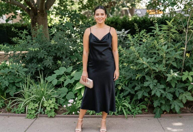 Woman in black satin slip dress with gold earrings and nude heels in garden