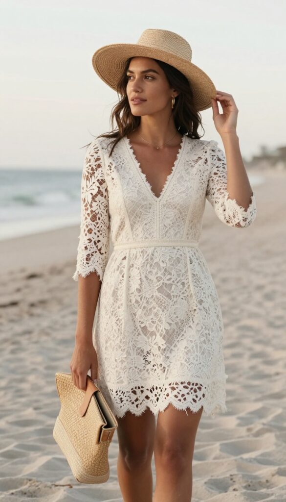 Woman in ivory lace dress with wide-brim hat and espadrilles on beach