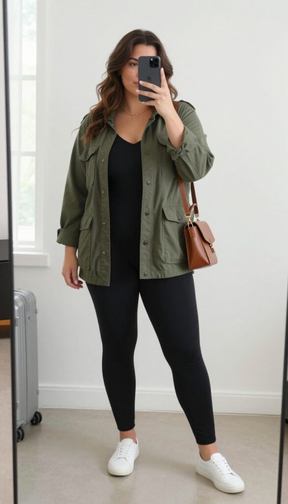 Plus-size woman in a black jumpsuit and olive green jacket, taking a mirror selfie with her phone, wearing white sneakers and a crossbody bag, ready for travel.