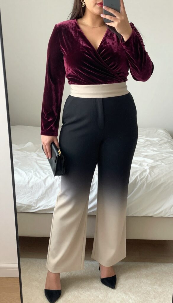Woman in emerald wrap top tucked into black high-waisted wide-leg pants, heeled mules, holding clutch, statement earrings, festive evening look.