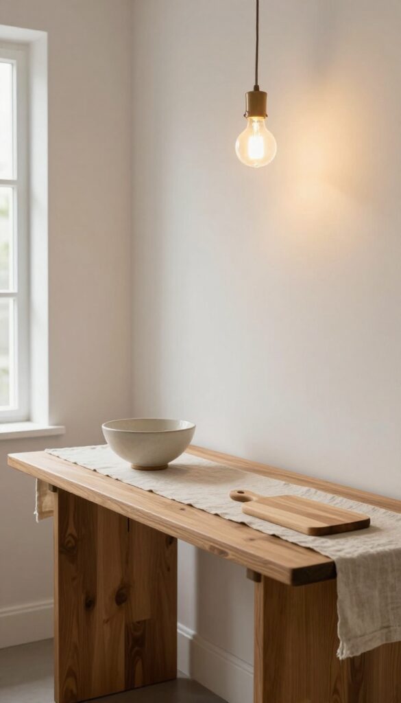 Slim console table in narrow kitchen with warm wood tone, linen runner, ceramic bowl, and pendant light