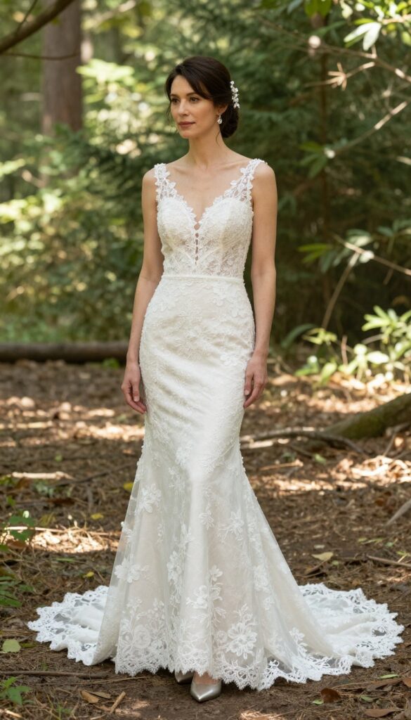 Bride in mermaid lace wedding gown with train in forest