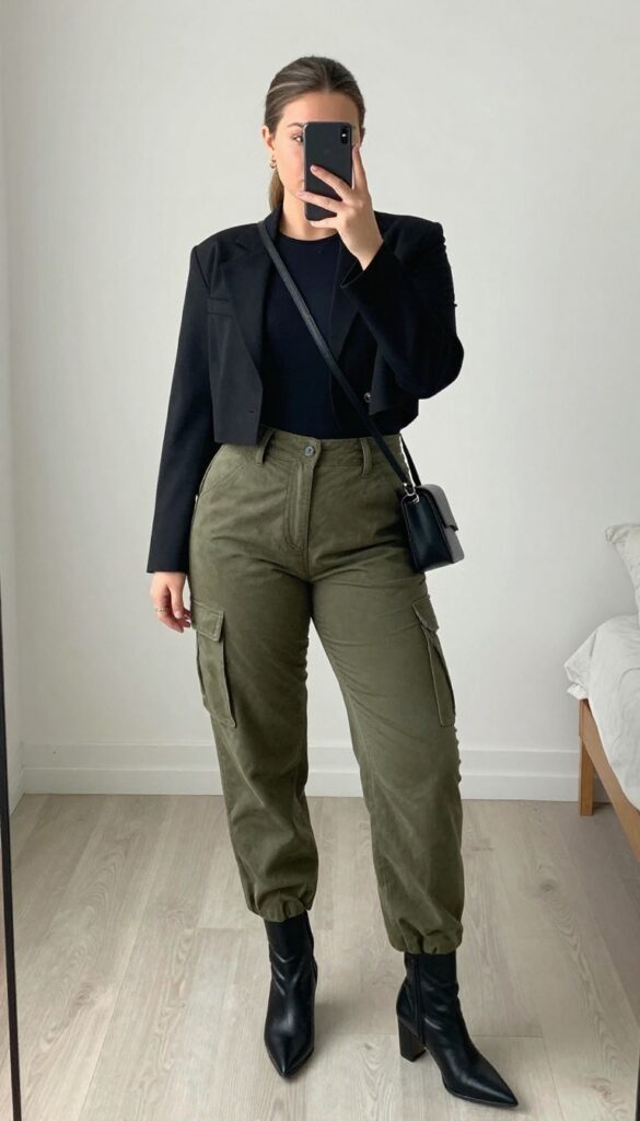 A woman in olive cargo pants, a black fitted bodysuit, and a cropped black blazer, posing in a bright office with a phone in hand.