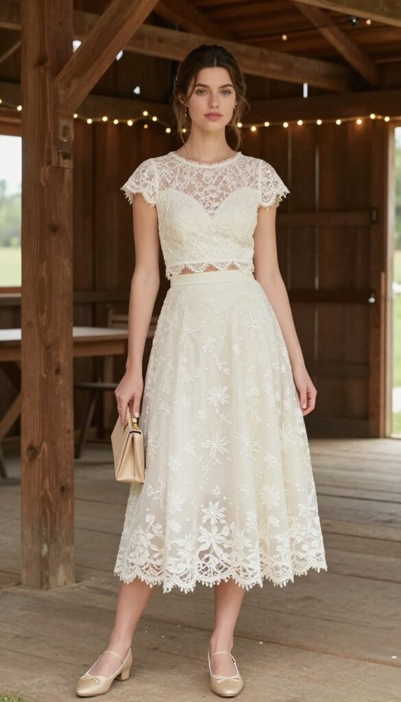 Woman in vintage two-piece bridal set: lace crop top and high-waist A-line skirt with floral embroidery, holding beige clutch, wearing d'Orsay flats, in rustic barn with string lights.