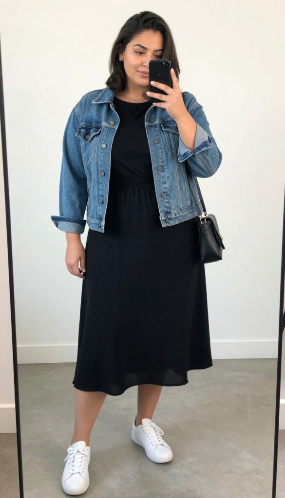 Plus-size woman in a black midi dress and light-wash denim jacket, white sneakers, crossbody bag, taking a mirror selfie in bright natural light.