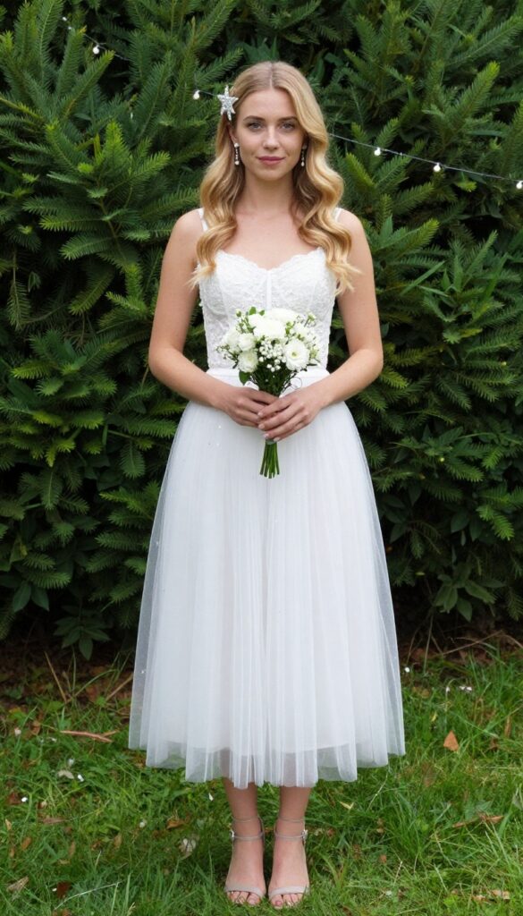 Whimsical fairy wedding outfit: white lace corset top, sequined tulle skirt, star hairpin, crystal earrings, bouquet, garden at dusk with fairy lights.