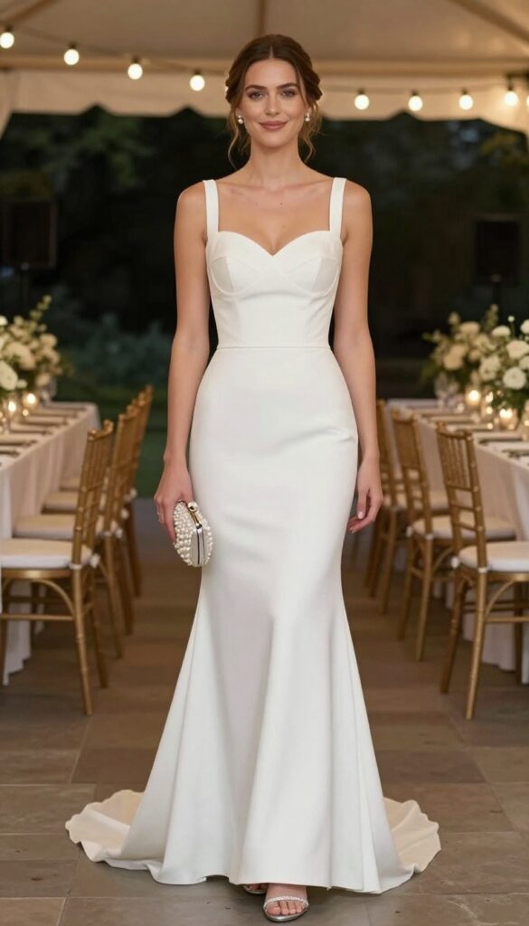 Woman in white mermaid wedding dress holding pearl-encrusted clutch at evening reception